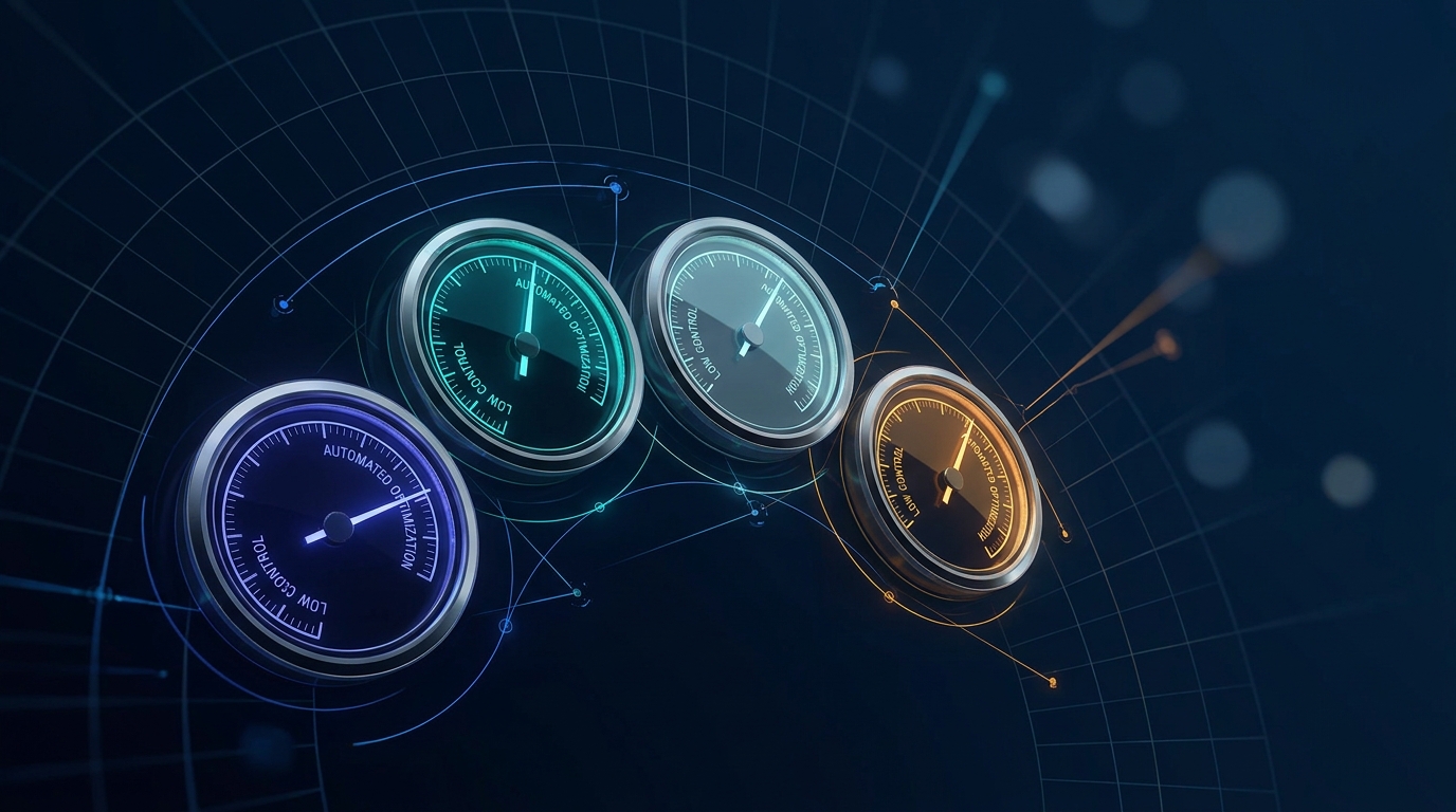 Abstract visual metaphor for Google Ads bidding strategy — glowing precision gauges and auction levers in a high-contrast dark blue editorial composition