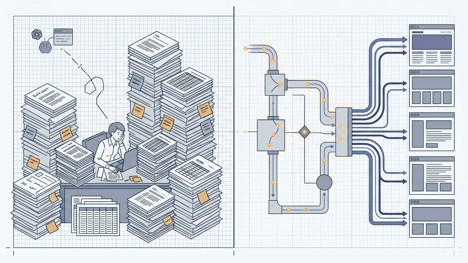 A split conceptual diagram comparing an overflowing desk of manual SEO audit reports with an autonomous digital execution pipeline.