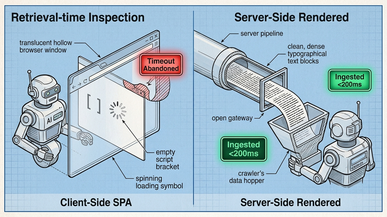 Technical cutaway comparing an empty client-side JavaScript response with server-rendered page content.
