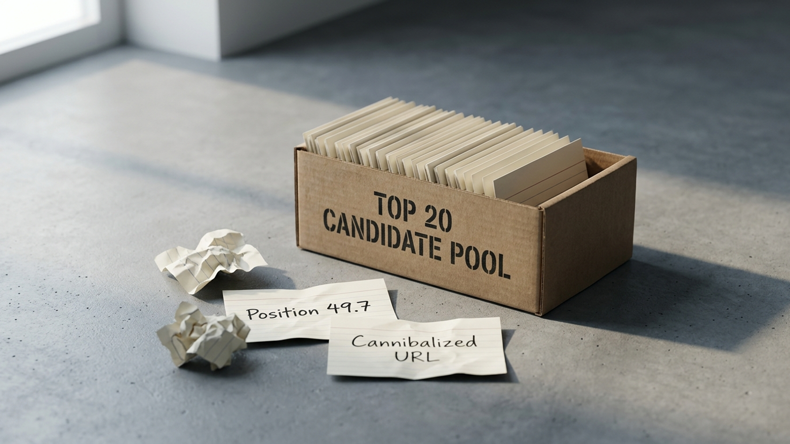 A cardboard box labeled Inbound Pool holds papers while three pages labeled Position 49 lie beside it.