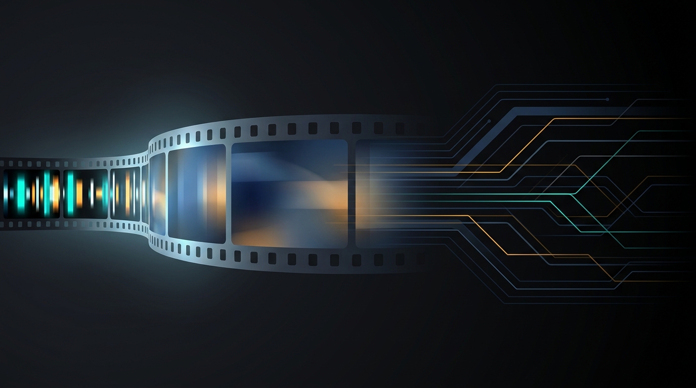 A bold editorial composition of a cinematic film strip morphing into interconnected digital streams, symbolizing YouTube Ads strategy across multiple formats in 2026.