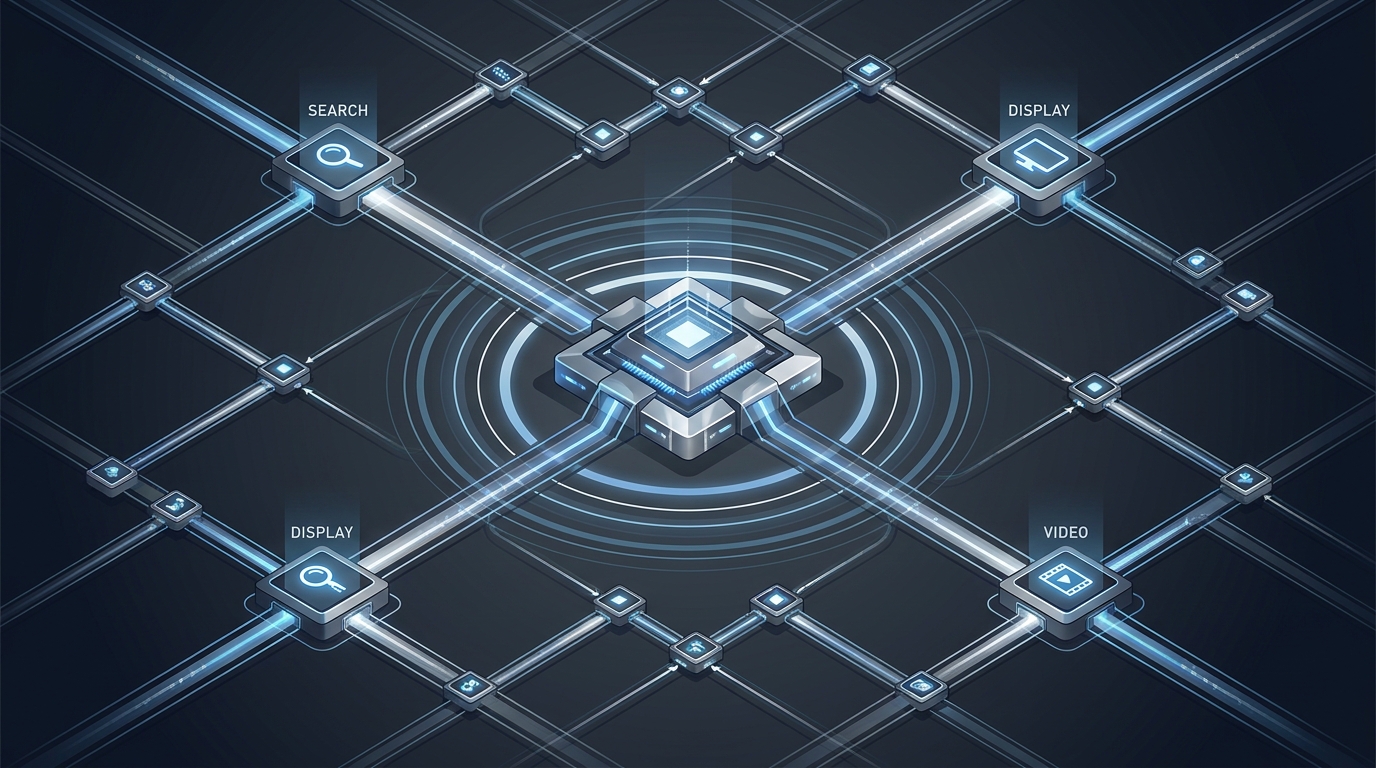 A clean editorial illustration of interconnected geometric nodes and circuit-like pathways converging into a precise grid, symbolizing AI-native Google Ads optimization in 2025.