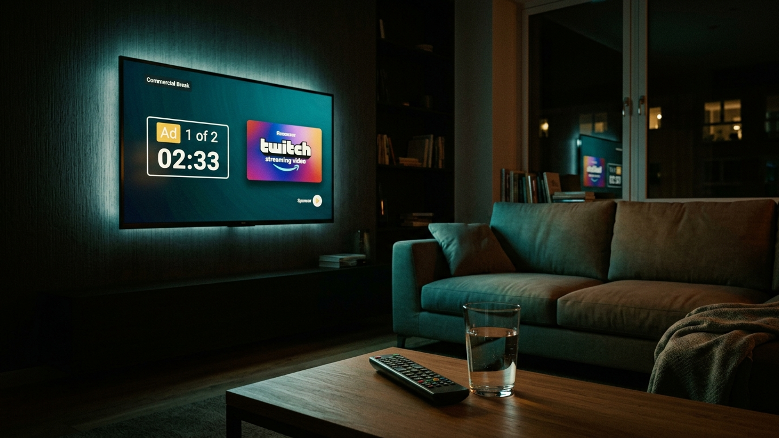 A television shows an unskippable ad countdown while a remote sits on the coffee table.